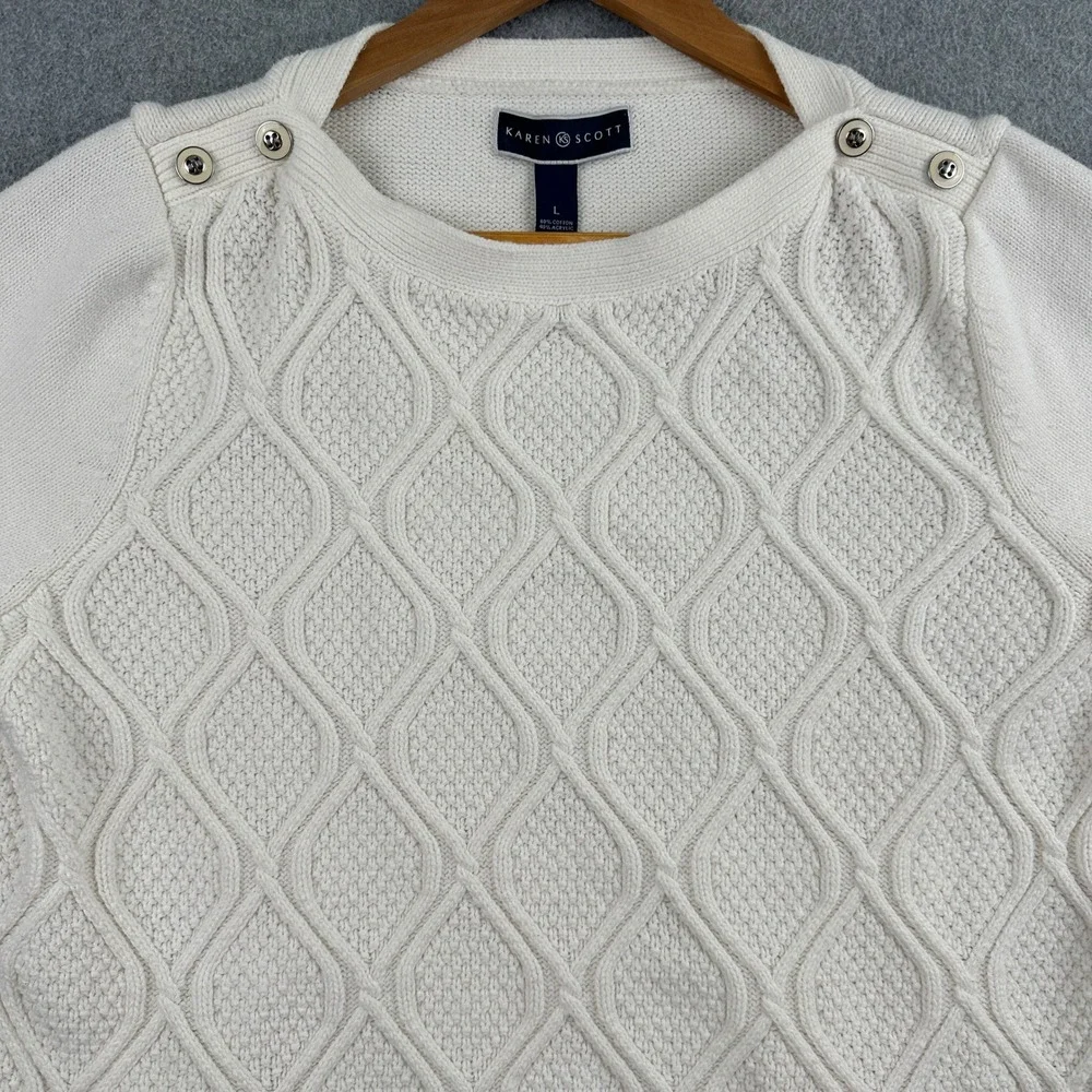 Karen Scott Sweater Womens L White Cable Knit Button Shoulder Long Sleeve